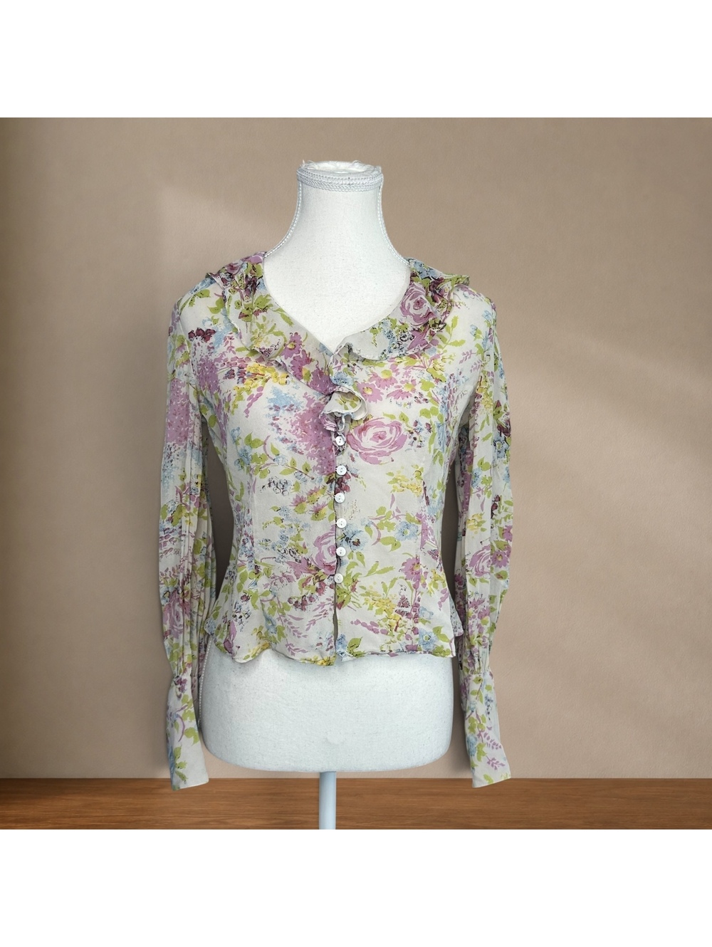100% Silk Y2K Floral Ruffle Blouse Coquette Fairy Cottagecore Button Front Top